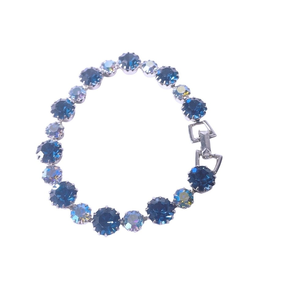 Vintage Weiss Aurora Borealis Tennis Bracelet Sapphire Blue Rhinestone 7in‎ AB